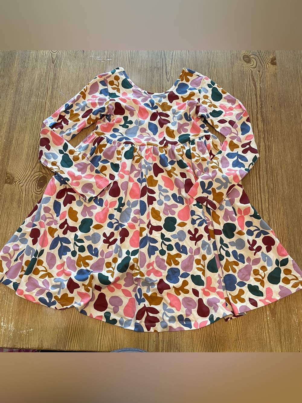 Hanna Andersson Long Sleeve Floral Leaf Print Dress in Pink, Mustard, Teal, Blue